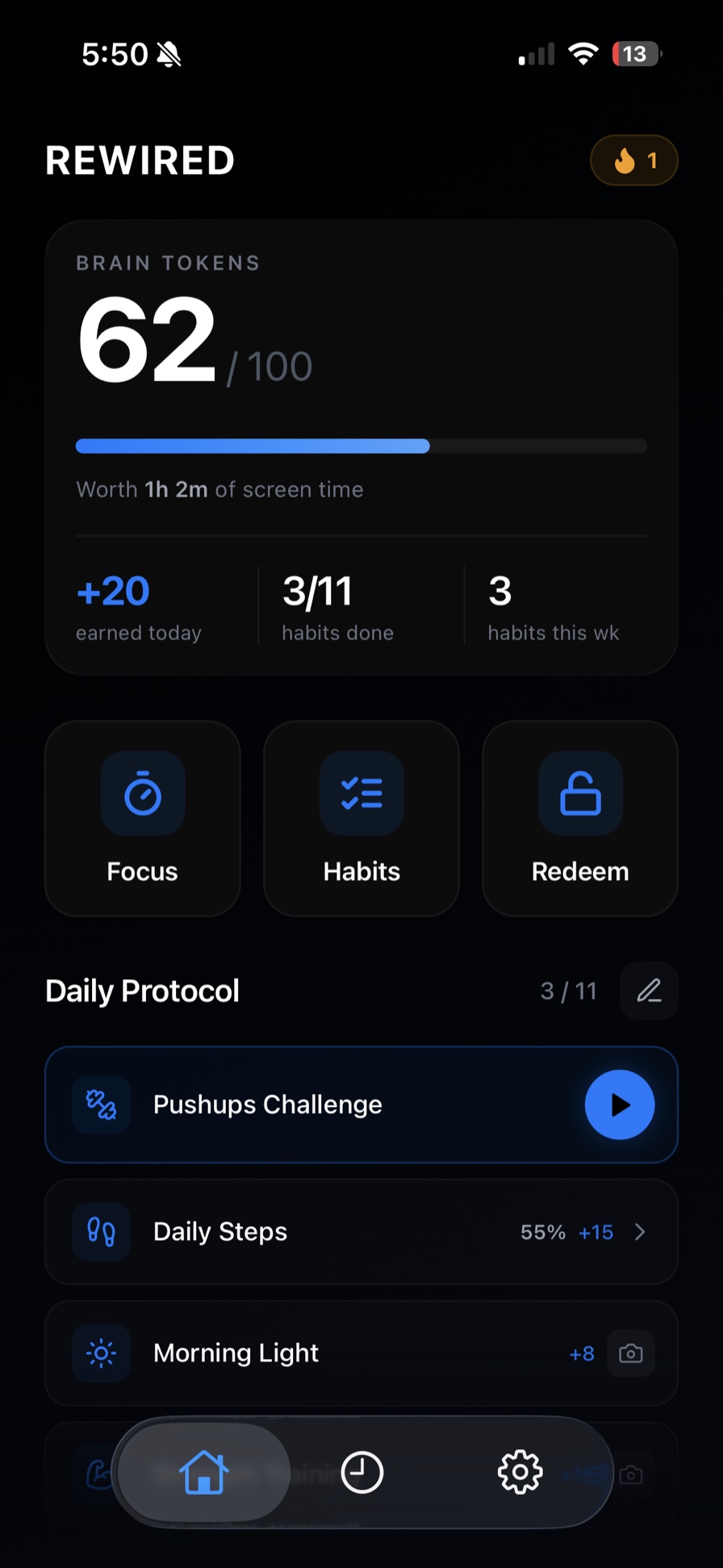 Rewired screen time app home screen showing screen time won by beating challenges