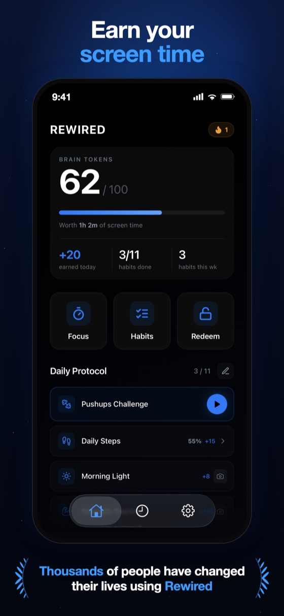Rewired home screen — win screen time by beating challenges